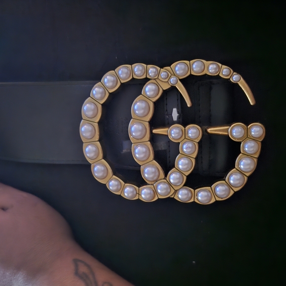 Gucci Black Belt with Pearl GG Logo - Picture 1 of 6